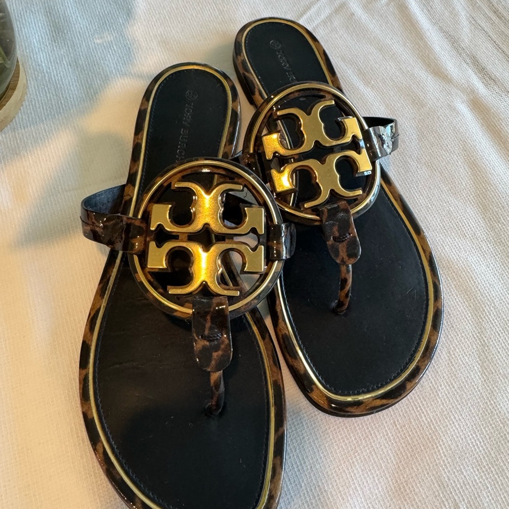 Tory Burch Gold and Brown Thong Sandals with Logo